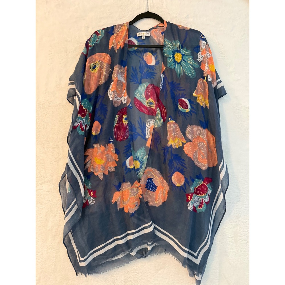 Woven Heart Floral Kimono Wrap Blueโ Sheer Boho Cover Up XE195628 OS